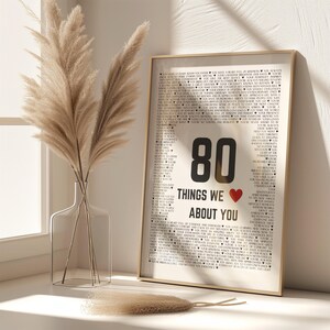 May include: A framed print with the text "80 Things We About You" and a red heart. The print is surrounded by a gold frame and is displayed on a white surface. A clear glass vase with pampas grass is to the left.