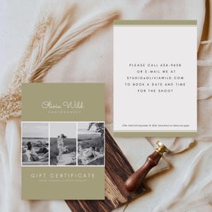Carte-cadeau vert sauge pour photographe avec photo Polaroid, modèle de bon Canva, certificat photographique modifiable, carte-cadeau promo Studio GC04