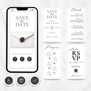 May include: A smartphone shows a wedding invitation design. The design includes a "Save the Date" card, details, program, and RSVP information. The invitation is in black and white with elegant fonts and graphics. The phone screen also shows clickable links.