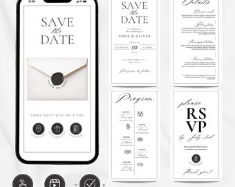 Minimalist Save the Date Digital Invite, Editable Wedding Evite With RSVP Map Registry Links, Mobile Template