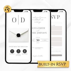 May include: Three smartphones displaying a wedding invitation design. The first screen shows initials and an envelope graphic. The second screen displays the names Livia Smith and Niel Johnson, with the date August 30, 2032. The third screen is an RSVP form. Built-in RSVP.