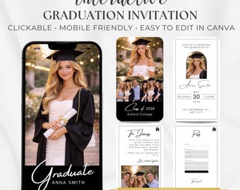 Abitur Einladung Digitale Leinwand | Foto Familiengrad Evite Klasse 2026 | Interaktive Mobile einladen Antwort Antwort Geschenke Reise | Sofort Download
