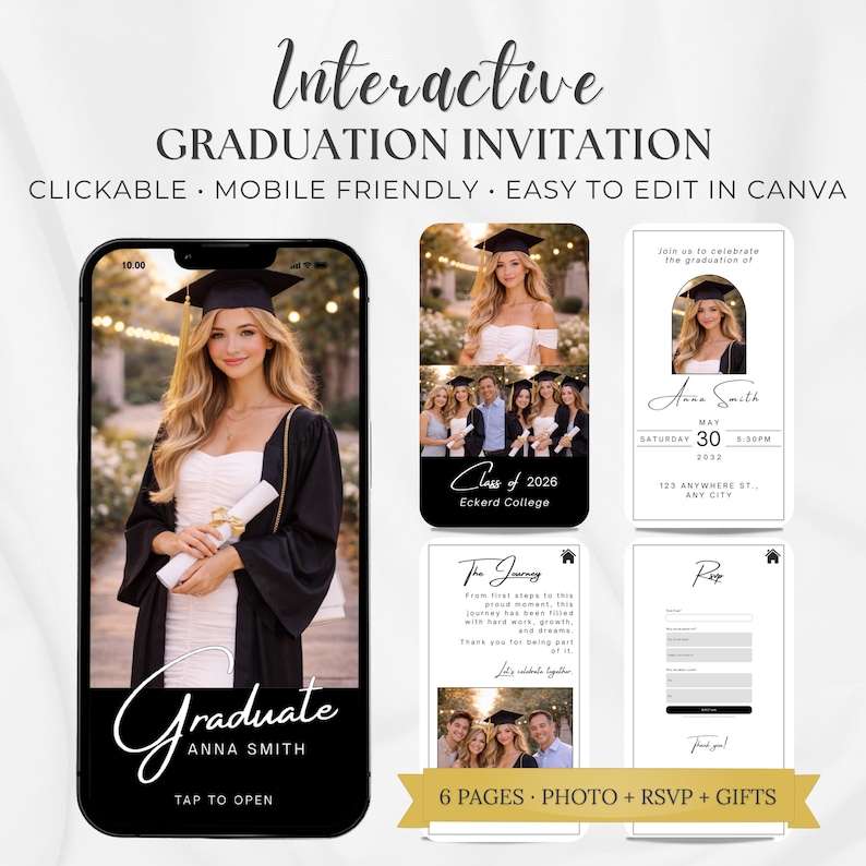 Op de afbeelding: Interactieve afstudeeruitnodiging op een smartphone, met een afgestudeerde in toga en hoed. Het ontwerp bevat meerdere pagina's met foto's, RSVP en cadeau-opties. De uitnodiging is mobielvriendelijk en gemakkelijk te bewerken.
