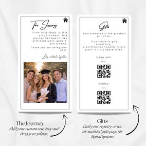Op de afbeelding: Twee witte kaarten met zwarte tekst en een foto. E&eacute;n kaart zegt "The Journey" en bevat een familiefoto. De andere kaart zegt "Gifts" en heeft QR-codes voor Cash App en Venmo. De kaarten zijn voor een afstuderen.