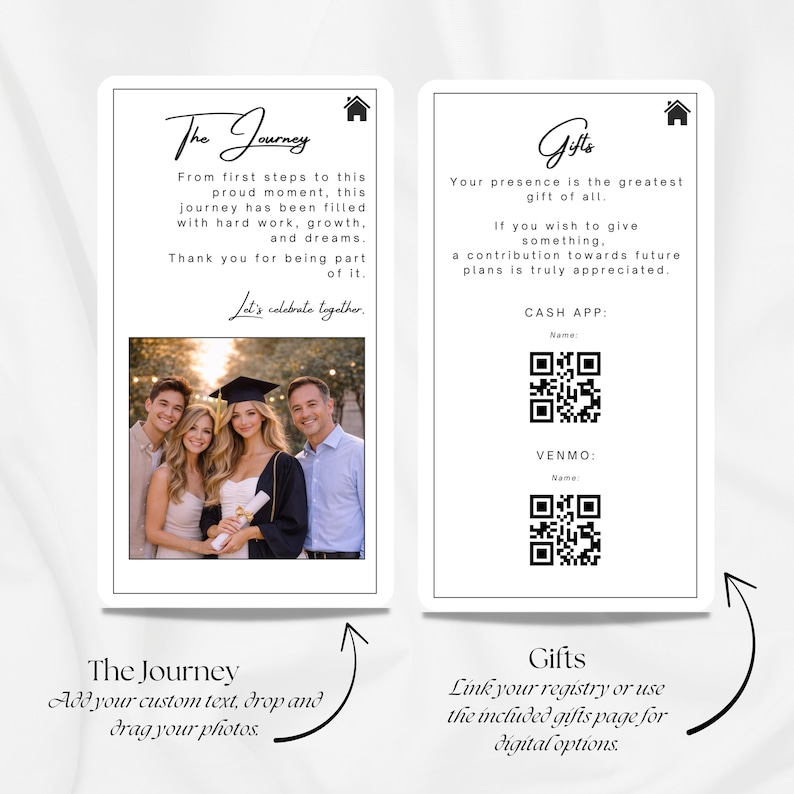 Op de afbeelding: Twee witte kaarten met zwarte tekst en een foto. E&eacute;n kaart zegt "The Journey" en bevat een familiefoto. De andere kaart zegt "Gifts" en heeft QR-codes voor Cash App en Venmo. De kaarten zijn voor een afstuderen.