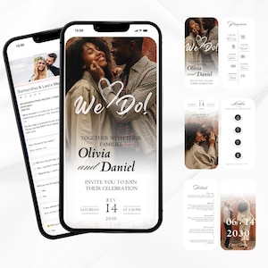 Puede incluir: Dos smartphones que muestran diseños de invitaciones de boda. Uno muestra a una pareja con el texto "We Do!" y detalles de la celebración de Olivia y Daniel el 14 de julio de 2030. El otro teléfono muestra un formulario de confirmación de asistencia.