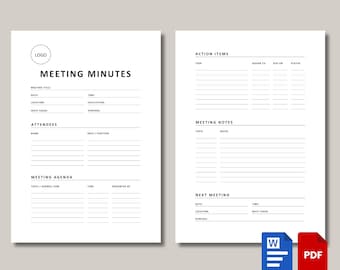 Meeting Minutes Template Word PDF, Printable Meeting Agenda & Notes, 2 Page Project Meeting Notes, Simple Business Minutes Black White DOC16