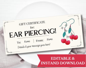 Plantilla editable de Canva para certificado de regalo de perforación de oreja, ideas de regalo de última hora, cupón imprimible