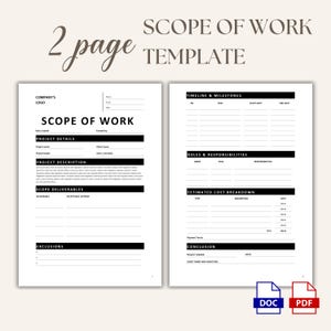 Op de afbeelding: Een witte Scope of Work-sjabloon van twee pagina's met zwarte tekst. De sjabloon bevat secties voor projectdetails, deliverables en uitsluitingen. De tweede pagina heeft secties voor tijdlijn, rollen en kostenoverzicht. Inclusief DOC- en PDF-bestandspictogrammen.