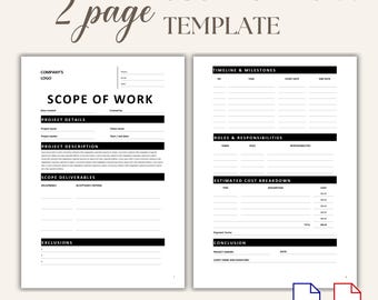 Plantilla de alcance de trabajo de 2 páginas (Word y PDF), contrato SOW editable, esquema de entregables de gestión de proyectos, acuerdo de cliente freelance PP13