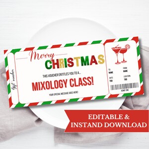 May include: A Christmas-themed gift voucher for a mixology class. The design features red and green stripes, the words "Merry Christmas" and "Mixology Class!" in festive fonts, and cocktail illustrations. The voucher is designed to be editable and instantly downloadable.