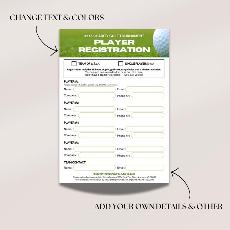 Golf Tournament Player Registration Form, Canva Template, Editable Sign ...
