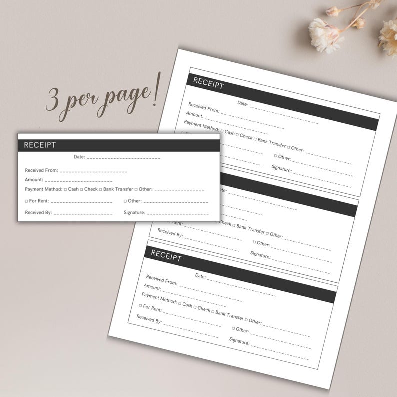 Landlord Rent Receipt Template 3 per Page, Tenant Rental Receipt PDF ...