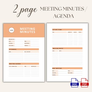 May include: Two-page meeting minutes and agenda template. The left page features a peach header with the words "MEETING MINUTES" and fields for meeting details and attendees. The right page includes action items and meeting notes sections. Includes DOC and PDF icons.