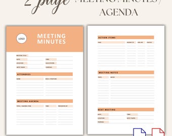 May include: Two-page meeting minutes and agenda template. The left page features a peach header with the words "MEETING MINUTES" and fields for meeting details and attendees. The right page includes action items and meeting notes sections. Includes DOC and PDF icons.