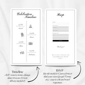 K&ouml;nnte beinhalten: Zwei wei&szlig;e Karten mit schwarzem Text. Eine Karte zeigt eine Feier-Zeitleiste mit Zeiten und Symbolen. Die andere Karte ist ein RSVP-Formular. Der Text unten lautet "Timeline" und "RSVP".