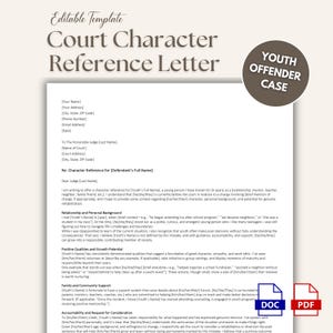 May include: A white document titled "Court Character Reference Letter" with the text "Youth Offender Case" in a circular badge. The document is an editable template with fields for personal and court information, and a section for a character reference.