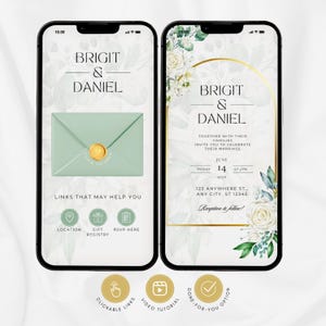 Puede incluir: Dos pantallas de smartphone que muestran una invitación de boda. La pantalla izquierda muestra un sobre con un sello dorado. La pantalla derecha presenta detalles florales y los nombres "BRIGIT & DANIEL".