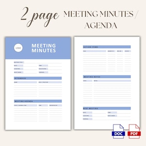 May include: Two-page meeting minutes and agenda template. The left page is light blue and white, with fields for meeting title, date, location, and attendees. The right page includes action items, meeting notes, and next meeting details. Includes DOC and PDF icons.