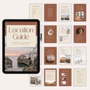 May include: A digital guide for photographers on choosing locations for photoshoots. The cover features a scenic coastal landscape with white buildings and a blue sky. The title "Location Guide" is displayed in a brown and cream color scheme.