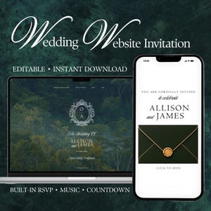 May include: A digital wedding website invitation template displayed on a laptop and smartphone screen. The design features a dark forest background, elegant white typography, a decorative monogram, and a graphic of a green envelope with a gold seal.