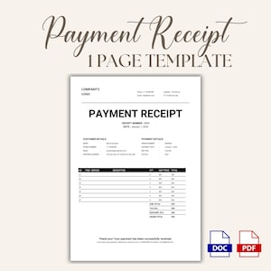 May include: A white payment receipt template with the words "Payment Receipt" in elegant script at the top. The document includes fields for customer and payment details, and a table for itemized services. Includes DOC and PDF icons.