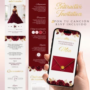 May include: A digital interactive quinceañera invitation displayed on a smartphone screen, featuring deep red roses, gold accents, and a central red envelope graphic. The design includes text in Spanish, a music player interface, and event details.