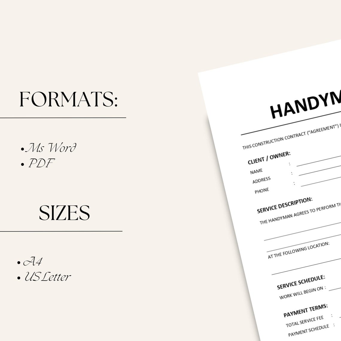 Simple Handyman Service Agreement Template Printable, Handyman