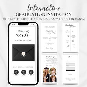 May include: A digital graduation invitation displayed on a smartphone. The invitation features a black envelope with a wax seal, the text "Class of 2026," and links for location, gifts, and RSVP. Additional pages include event details and a photo collage.