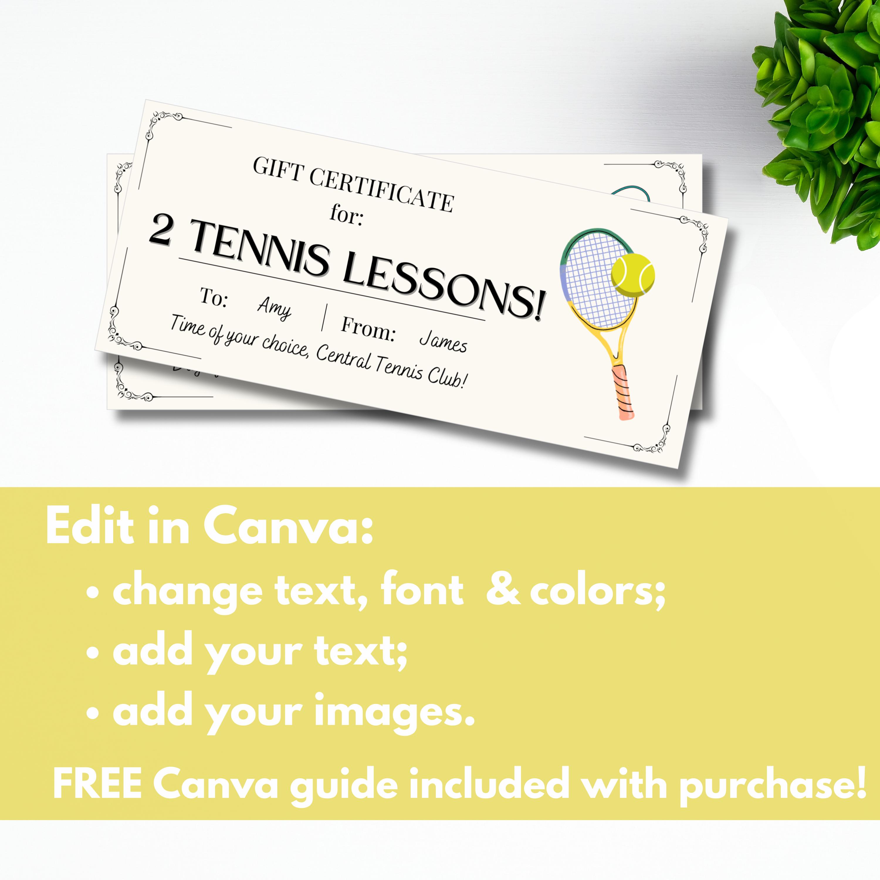 Tennis Lesson Gift Certificate Template, Personalized Tennis Coaching ...