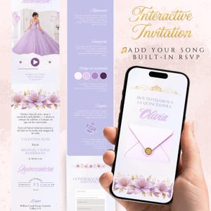 May include: A digital interactive Quinceañera invitation displayed on a smartphone screen, featuring a light purple color palette, floral accents, a gold crown graphic, and a central envelope icon with a gold wax seal, alongside a vertical layout.