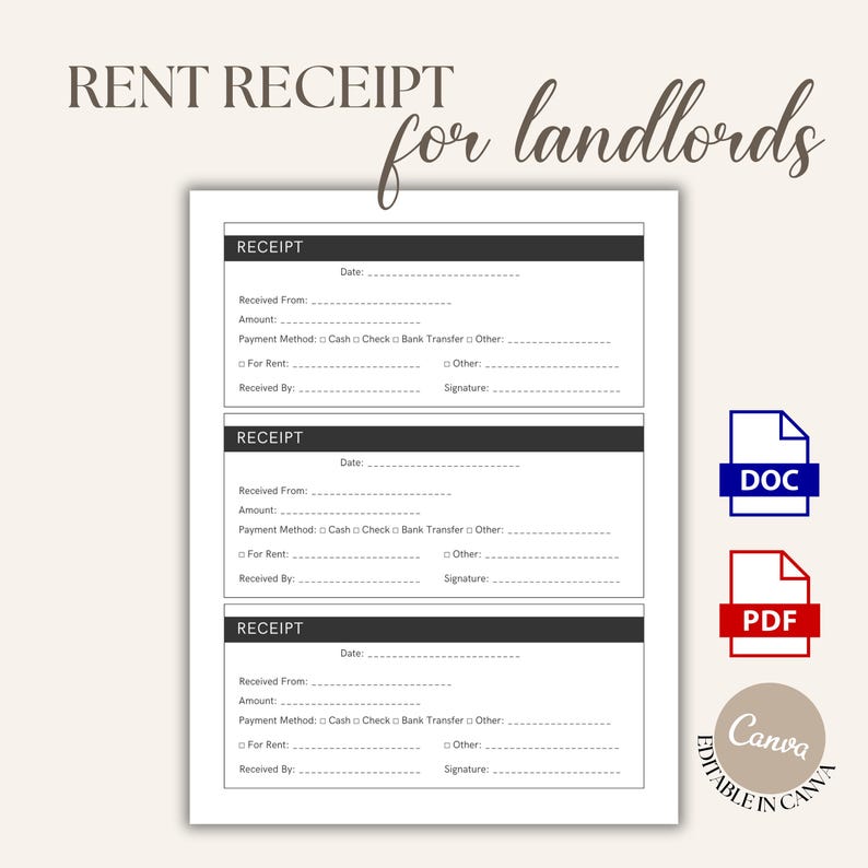 Landlord Rent Receipt Template 3 per Page, Tenant Rental Receipt PDF
