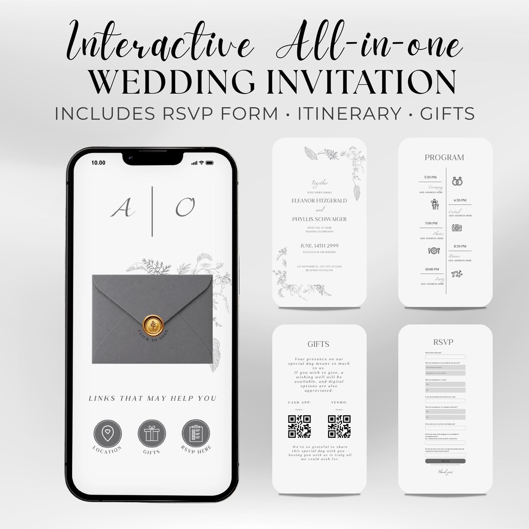 Interactive Digital Wedding Invitation Template, Vintage Grey Floral ...