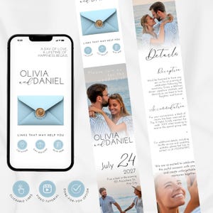 May include: A digital wedding invitation displayed on a smartphone and a long vertical card. The invitation features the names "Olivia and Daniel", a light blue envelope graphic, and wedding details. The date is July 24, 2027.