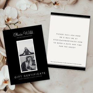 Modèle de chèque-cadeau pour photographe noir, carte-cadeau photographie modifiable, bon d'achat Canva, carte de recommandation de client Promo Marketing Board GC01
