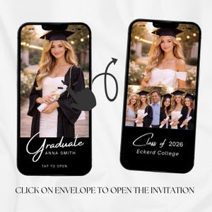 Op de afbeelding: Twee smartphones tonen een afstudeeruitnodiging. De linkertelefoon toont een vrouw in een hoed en toga met de tekst "Graduate Anna Smith". De rechtertelefoon toont een groepsfoto met de tekst "Class of 2026 Eckerd College". De tekst luidt "Klik op de envelop om de uitnodiging te openen".