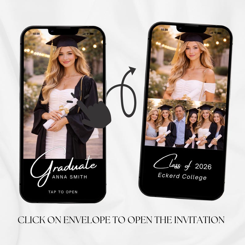 Op de afbeelding: Twee smartphones tonen een afstudeeruitnodiging. De linkertelefoon toont een vrouw in een hoed en toga met de tekst "Graduate Anna Smith". De rechtertelefoon toont een groepsfoto met de tekst "Class of 2026 Eckerd College". De tekst luidt "Klik op de envelop om de uitnodiging te openen".