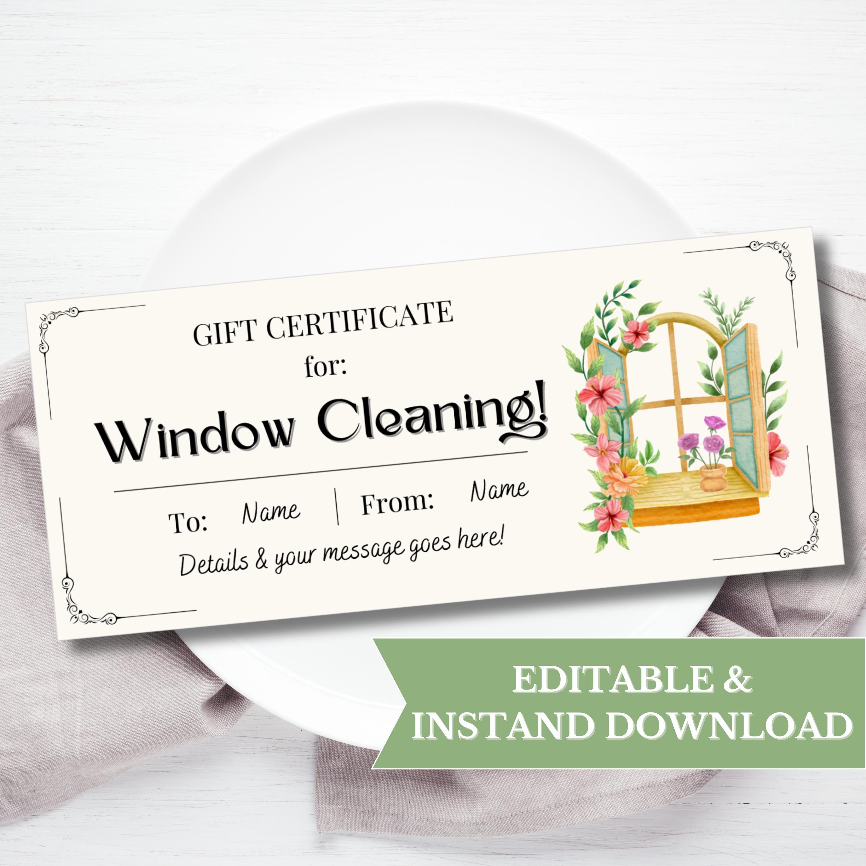 Window Cleaning Gift Voucher Printable, Glass Cleaning Gift Certificate ...