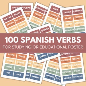 Op de afbeelding: Een verzameling flashcards met Spaanse werkwoorden, elk in een gekleurd vak met de Engelse vertaling. De titel luidt: "100 Spaanse werkwoorden voor studie of educatieve poster".