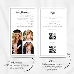 K&ouml;nnte beinhalten: Zwei wei&szlig;e Karten mit schwarzem Text und Fotos. Eine Karte tr&auml;gt die Aufschrift "The Journey" und enth&auml;lt Fotos einer Absolventin. Die andere Karte tr&auml;gt die Aufschrift "Gifts" und enth&auml;lt QR-Codes f&uuml;r Cash App und Venmo. Die Karten sind f&uuml;r einen Abschluss.