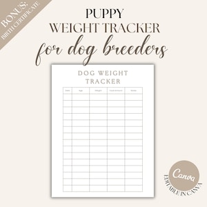 Welpen Gewicht Tracker Vorlage, Hunde Gewicht Chart druckbare, bearbeitbare Canva Form für Züchter, Pet Wachstumslog, 1-seitige PDF Download Print CON09