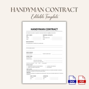 Peut inclure: Un modèle de contrat de bricolage blanc avec le titre "HANDYMAN CONTRACT" en haut. Le document comprend des sections pour le client/propriétaire, la description du service, le calendrier des services et les conditions de paiement. Les mots "Editable Template" sont au-dessus du document. Des icônes pour les fichiers DOC et PDF sont en bas à droite.