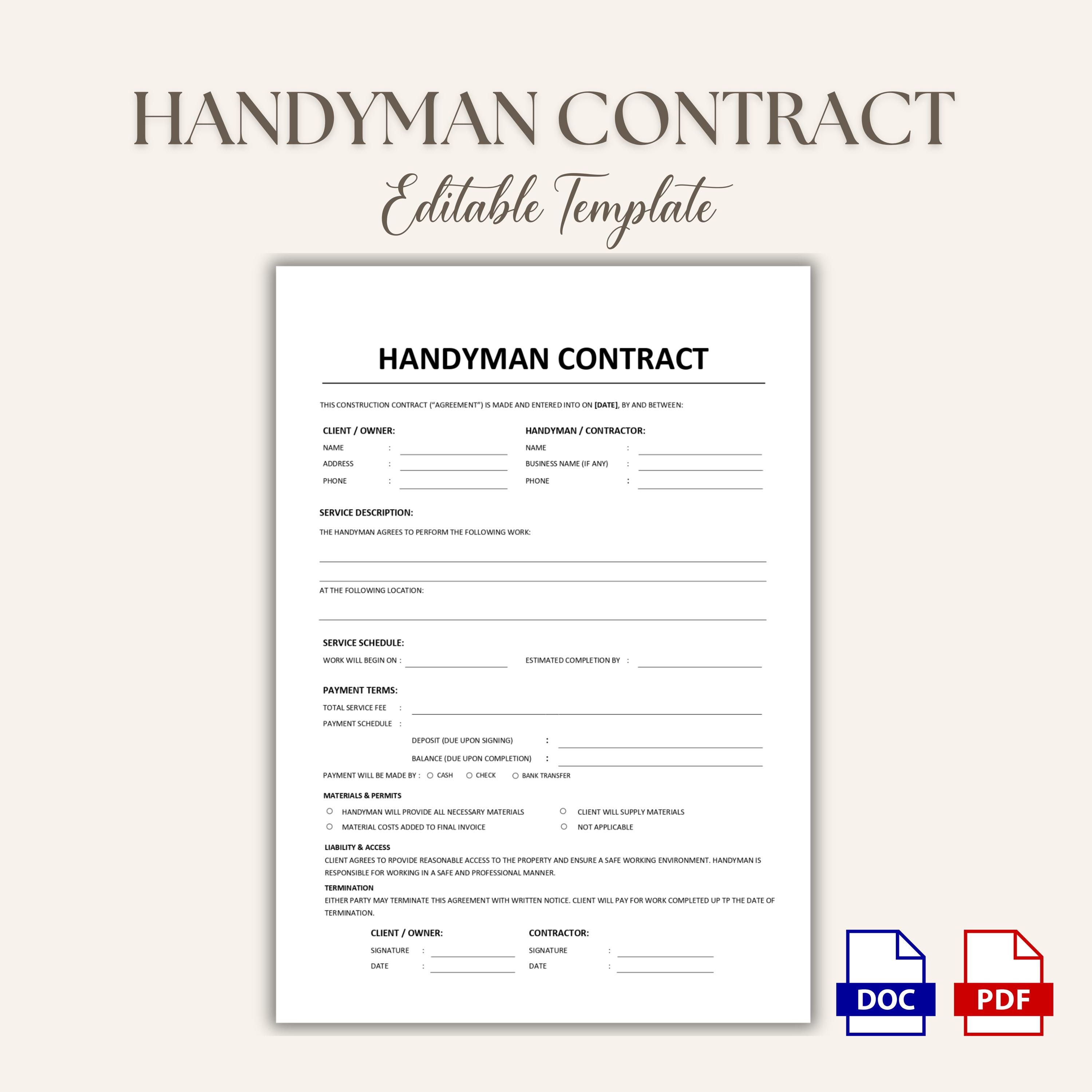 Simple Handyman Service Agreement Template Printable, Handyman