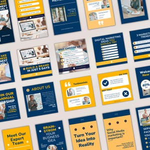 May include: A collection of social media post templates with a blue and yellow color scheme. The templates feature text about digital marketing, building a brand, and social media marketing. The templates also include images of people working on computers and other devices.