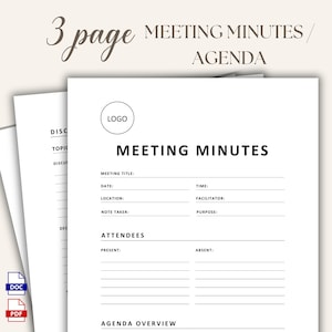 Op de afbeelding: Een witte papieren sjabloon voor notulen en agenda. Het ontwerp bevat velden voor vergadertitel, datum, tijd, locatie, facilitator, notulist, doel en deelnemers. De woorden "MEETING MINUTES" en "AGENDA" zijn zichtbaar.