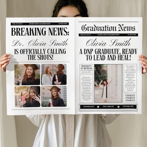 Può includere: Annuncio di laurea in stile giornale con i titoli: "Breaking News: Dr. Olivia Smith is Officially Calling the Shots!" e "Graduation News: Olivia Smith, A DNP Graduate, Ready to Lead and Heal!" Include foto.