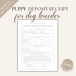 Recibo de depósito de cachorro editable, plantilla de Canva para formularios de criadero de perros, PDF elegante de una página, certificado de nacimiento adicional, registros de criadero de perros CON03