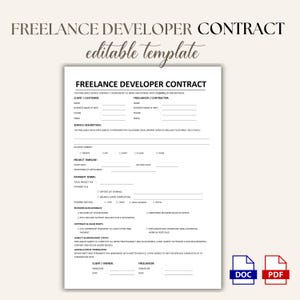 Könnte beinhalten: Eine weiße Vorlage für einen Freelance-Entwickler-Vertrag mit dem Text "Freelance Developer Contract" oben. Das Dokument enthält Felder für Kunden- und Freiberuflerinformationen, Leistungsbeschreibung und Zahlungsbedingungen. Enthält DOC- und PDF-Dateisymbole.