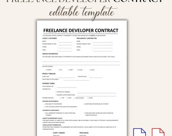 Commercial Freelance Developer Service Agreement Contract, Professional Development Simple One Page Editable Document Form Template PP40
