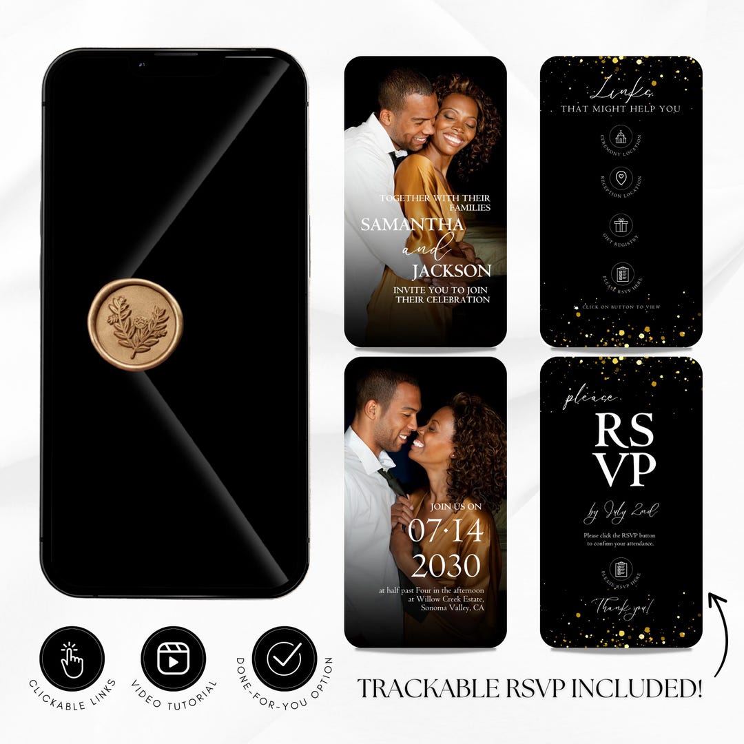 Black Gold Digital Wedding Invitation, Animated Mobile Evite Canva ...